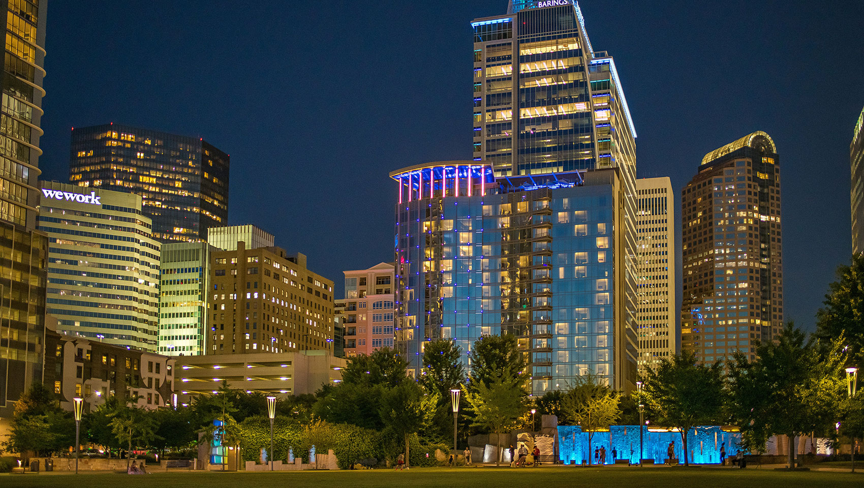 Kimpton tryon park from romare bearden park at night